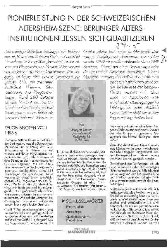 Vorschauseite 1: Pionierleistung in der schweizerischen Altersheim-Szene: Berlinger Altersinstitutionen ließen sich qualifizieren