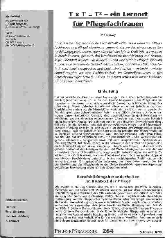 Vorschauseite 1: T x T = T2 - ein Lernort für Pflegefachfrauen