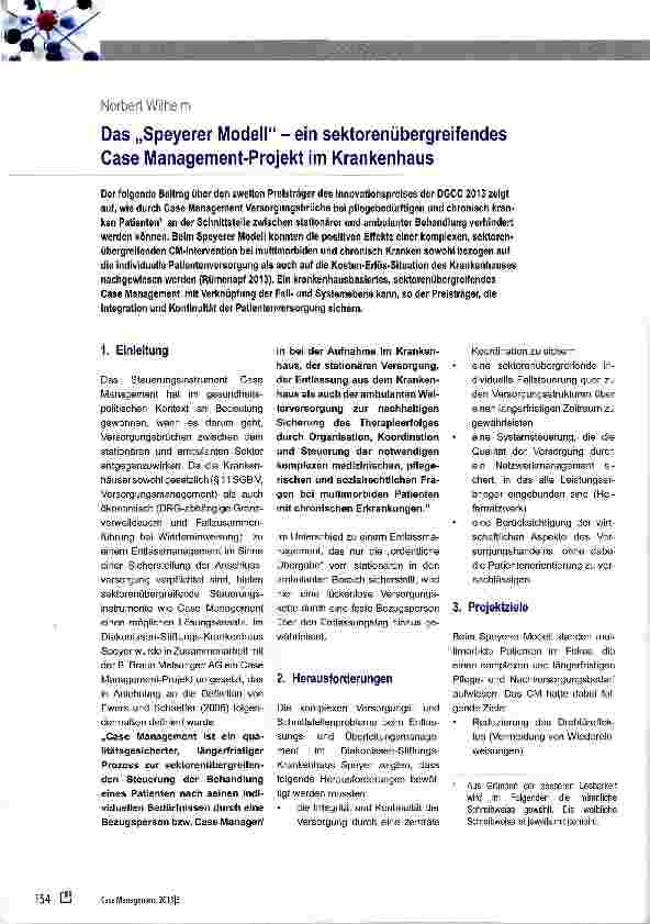 Vorschauseite 1: Das „Speyerer Modell - ein sektorenübergreifendes Case Management-Projekt im Krankenhaus