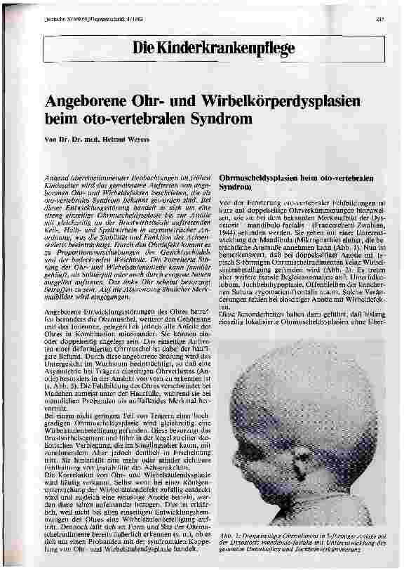 Vorschauseite 1: Angeborene Ohrund Wirbelkörperdysplasien beim oto-vertebralen Syndrom. - Die Kinderkrankenpflege