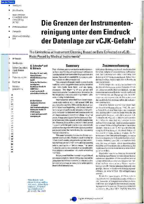Vorschauseite 1: Die Grenzen der Instrumentenreinigung unter dem Eindruck der Datenlage zur vCJK-Gefahr