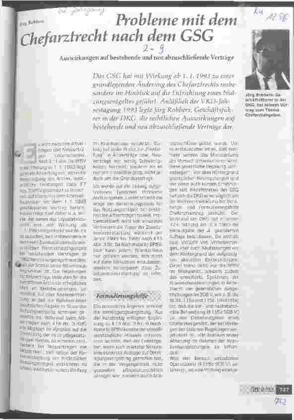 Vorschauseite 1: Probleme mit dem Chefarztrecht nach dem GesundheitsStrukturGesetz Auswirkungen auf bestehende und neu abzuschließende Verträge