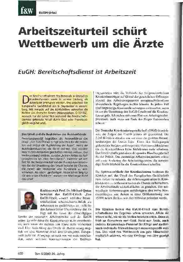 Vorschauseite 1: Arbeitszeiturteil schürt Wettbewerb um die Ärzte EuGH: Bereitschaftsdienst ist Arbeitszeit