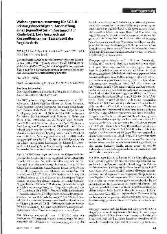 Vorschauseite 1: Wohnungserstausstattung für SGB-II-Leistungsberechtigten; Anschaffung eines Jugendbettes im Austausch für Kinderbett; kein Anspruch auf Kostenübernahme; Bestandteil des Regelbedar…