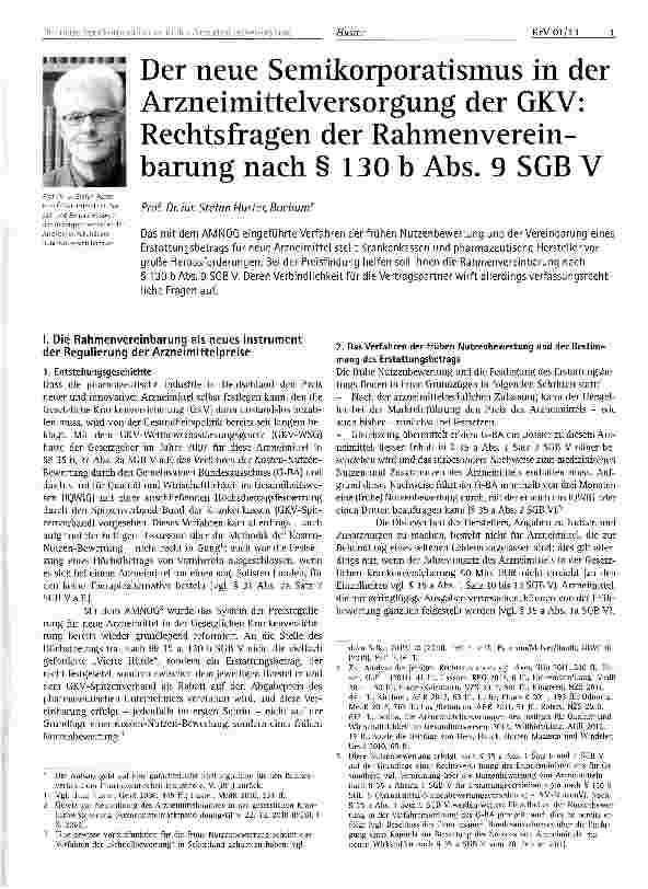 Vorschauseite 1: Der neue Semikorporatismus in der Arzneimittelversorgung der GKV: Rechtsfragen der Rahmenvereinbarung nach § 130 b Abs. 9 SGB V
