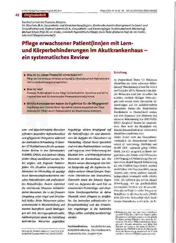 Vorschauseite 1: Pflege erwachsener Patient(inn)en mit Lern-und Körperbehinderungen im Akutkrankenhaus -ein systematisches Review
