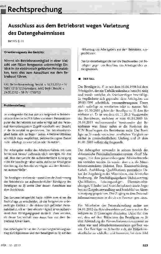 Vorschauseite 1: Ausschluss aus dem Betriebsrat wegen Verletzung des Datengeheimnisses BetrVG § 23