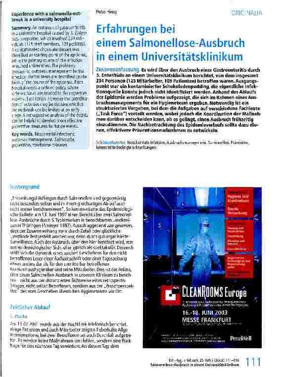 Vorschauseite 1: Erfahrungen bei einem Salmonellose-Ausbruch in einem Universitätsklinikum