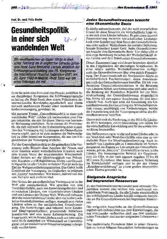 Vorschauseite 1: Gesundheitspolitik in einer sich wandelnden Welt Rede z.28.Kongreß d.International Hospital Federation (IHF),Madrid 93