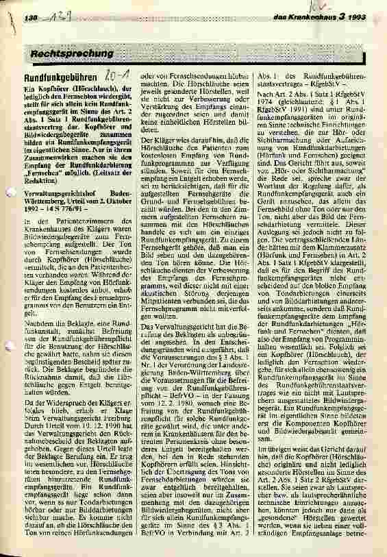Vorschauseite 1: Rundfunkgebühren Verwaltungsgericht Baden-Württ.,2.10.92 - 14 S 776/91