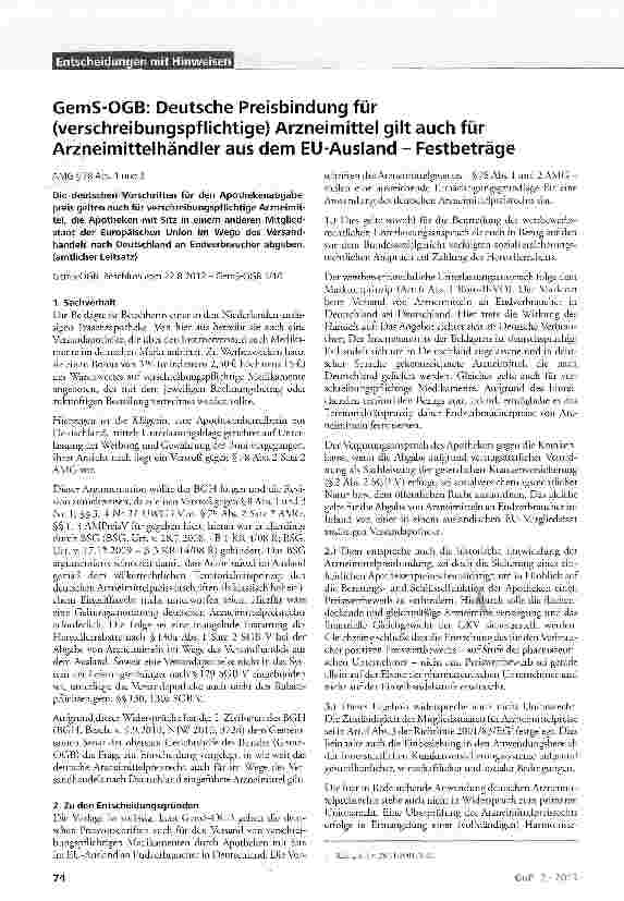 Vorschauseite 1: GemS-OGB: Deutsche Preisbindung für (verschreibungspflichtige) Arzneimittel gilt auch für Arzneimittelhändler aus dem EU-Ausland - Festbeträge AMG §78 Abs. 1 und 2