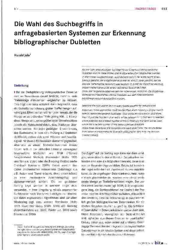 Vorschauseite 1: Die Wahl des Suchbegriffs in anfragebasierten Systemen zur Erkennung bibliographischer Dubletten