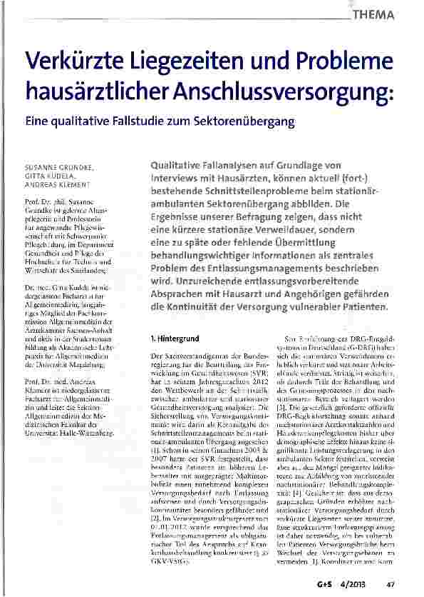 Vorschauseite 1: Verkürzte Liegezeiten und Probleme hausärztlicher Anschlussversorgung: Eine qualitative Fallstudie zum Sektorenübergang