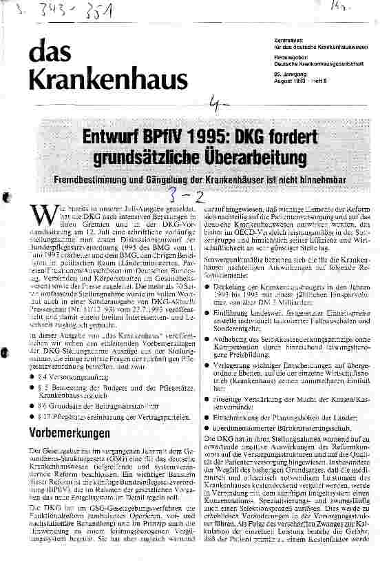 Vorschauseite 1: Entwurf BPflV 1995: DKG fordert grundsätzliche Überarbeitung Fremdbestimmung und Gängelung der Krankenhäuser nicht hinnehmbar