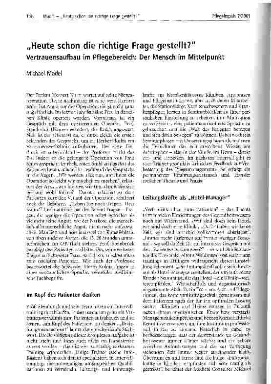 Vorschauseite 1: Heute schon die richtige Frage gestellt? Vertrauensaufbau im Pflegebereich: Der Mensch im Mittelpunkt
