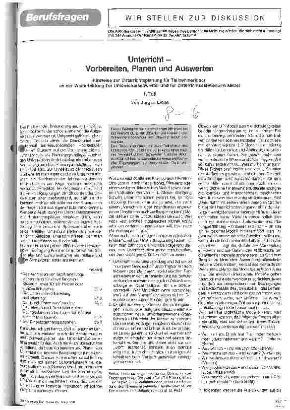 Vorschauseite 1: Unterricht - Vorbereiten, Planen und Auswerten 1. Teil Hinweise zur Unterrichtsplanung