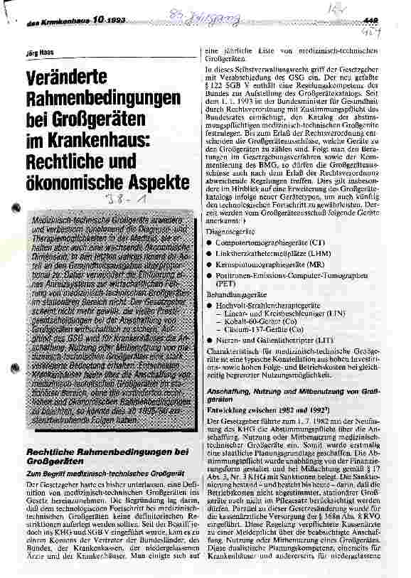 Vorschauseite 1: Veränderte Rahmenbedingungen bei Großgeräten im Krankenhaus: rechtliche und ökonomische Aspekte