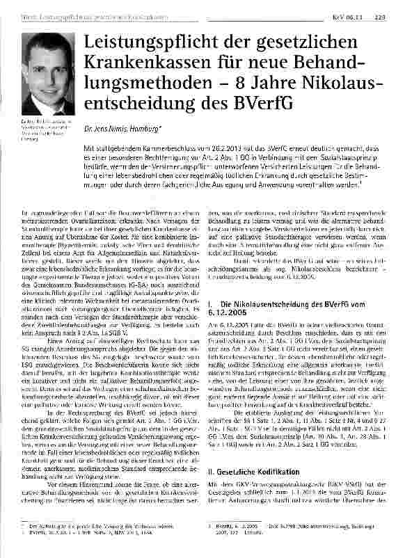 Vorschauseite 1: Leistungspflicht der gesetzlichen Krankenkassen für neue Behandlungsmethoden - 8 Jahre Nikolaus-entscheidung des BVerfG