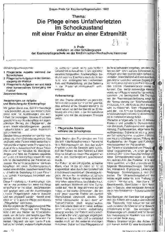 Vorschauseite 1: Die Pflege eines Unfallverletzten im Schockzustand mit einer Fraktur an einer Extremität - Braun-Preis f. Krankenpflege 1982