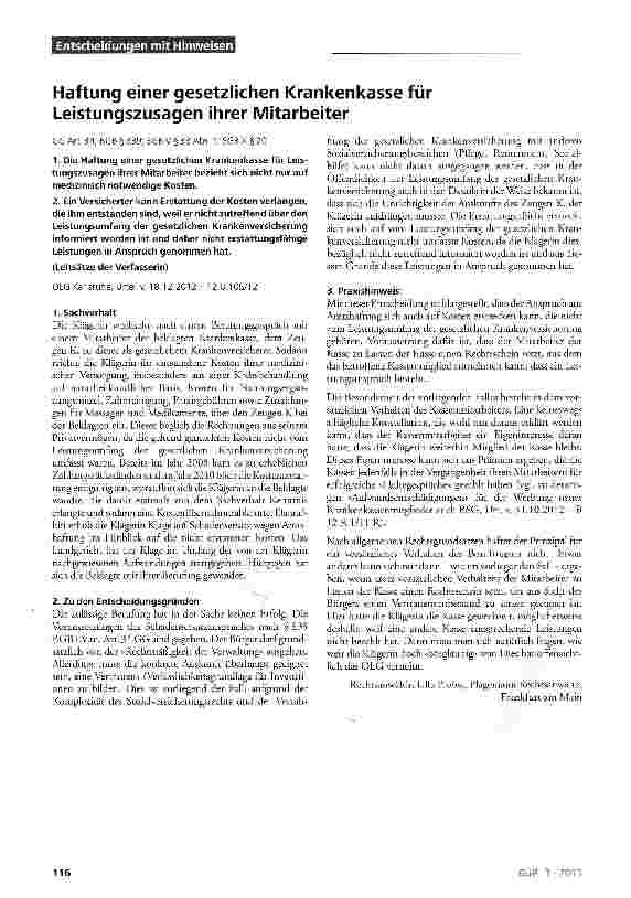Vorschauseite 1: Haftung einer gesetzlichen Krankenkasse für Leistungszusagen ihrer Mitarbeiter GG Art. 34; BGB § 839; 5GB V § 33 Ab5.1; SGB X § 20