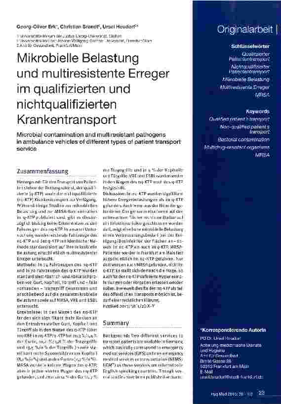 Vorschauseite 1: Mikrobielle Belastung und multiresistente Erreger im qualifizierten und nichtqualifizierten Krankentransport
