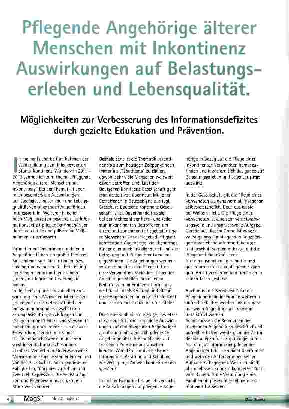 Vorschauseite 1: Pflegende Angehörige älterer Menschen mit Inkontinenz Auswirkungen auf Belastungserleben und Lebensqualität.