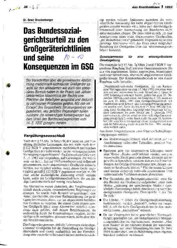 Vorschauseite 1: Das Bundessozialgerichtsurteil zu den Großgeräterichtlinien und seine Konsequenzen im GesundheitsStrukturGesetz
