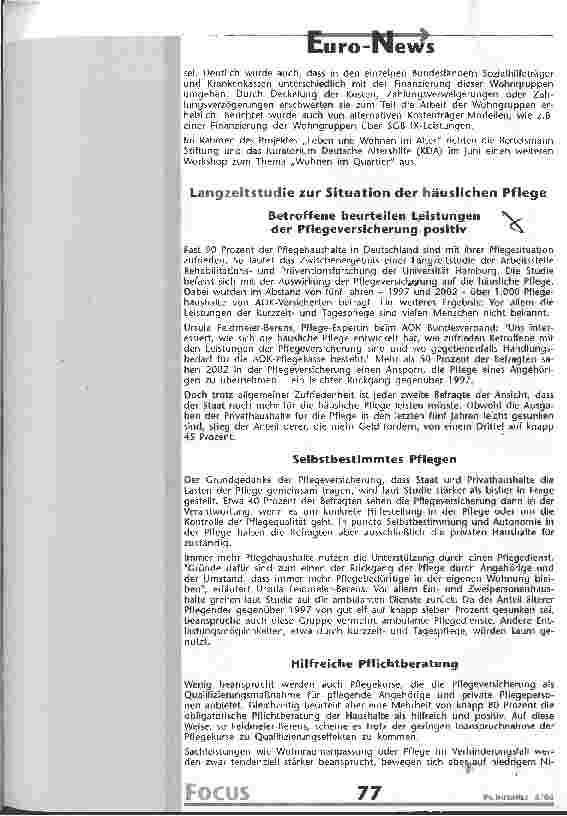 Vorschauseite 1: Langzeitstudie zur Situation der häuslichen Pflege Betroffene beurteilen Leistungen der Pflegeversicherung positiv