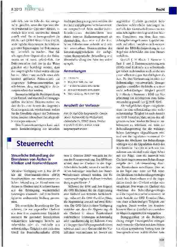 Vorschauseite 1: Steuerliche Behandlung der Einnahmen von Ärzten in Kliniken und Krankenhäusern