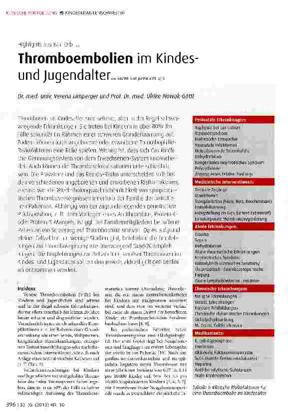 Vorschauseite 1: Thromboembolien im Kindes und Jugendalter