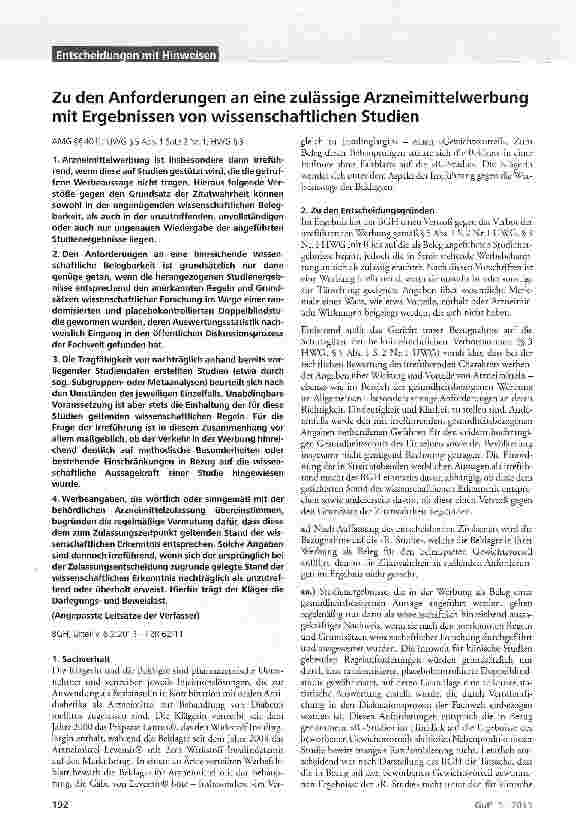 Vorschauseite 1: Zu den Anforderungen an eine zulässige Arzneimittelwerbung mit Ergebnissen von wissenschaftlichen Studien