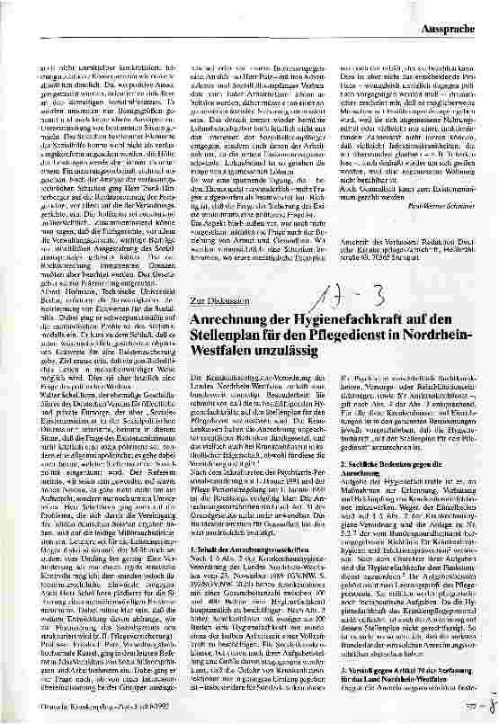 Vorschauseite 1: Anrechnung der Hygienefachkraft auf den Stellenplan für den Pflegedienst in Nordrhein-Westfahlen unzulässig Zur Diskussion