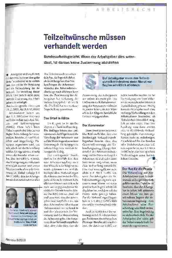 Vorschauseite 1: Teilzeitwünsche müssen verhandelt werden