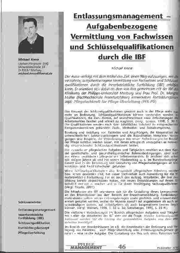 Vorschauseite 1: Entlassungsmanagement Aufgabenbezogene Vermittlung von Fachwissen und Schlüsselqualifikationen durch die IBF