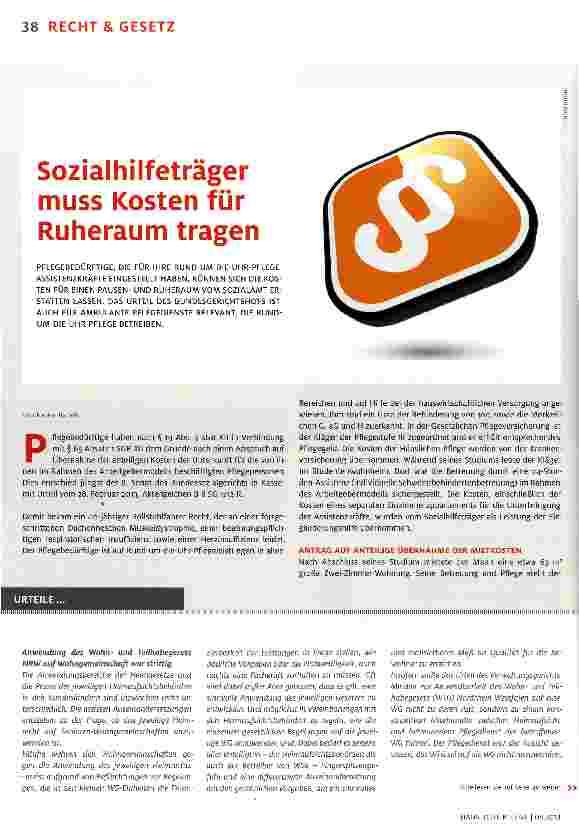 Vorschauseite 1: Sozialhilfeträger muss Kosten für Ruheraum tragen
