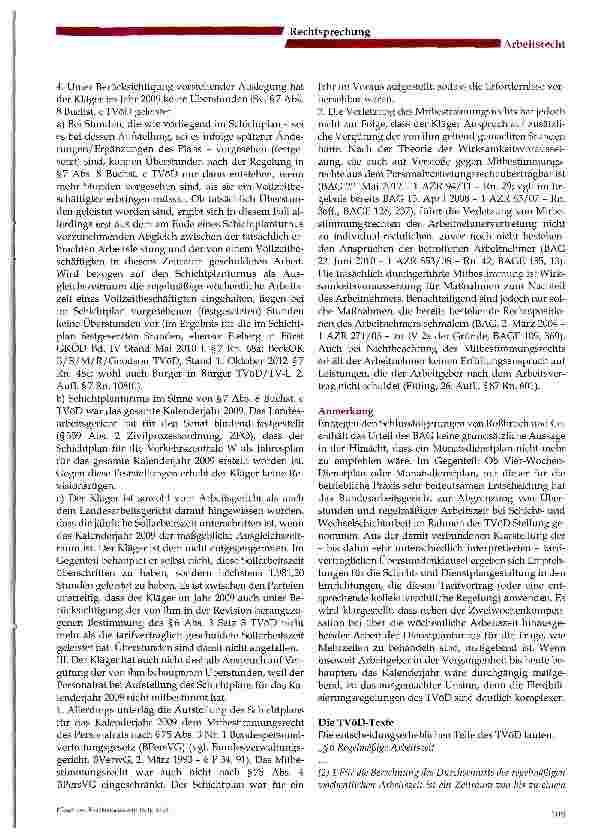 Vorschauseite 6: Überstunden bei (Wechsel-)Schichtarbeit -Sind Monatsdienstpläne noch zuempfehlen? Urteil des BAG vom 25. April 2013 - 6 AZR 800/11