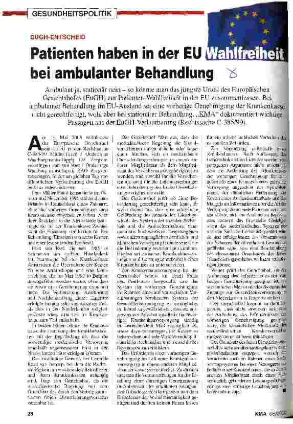 Vorschauseite 1: EuGH-Entscheid: Patienten haben in der EU Wahlfreiheit bei ambulanter Behandlung