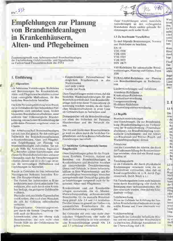 Vorschauseite 1: Empfehlungen zur Planung von Brandmeldeanlagen in Krankenhäusern, Alten-u. Pflegeheimen