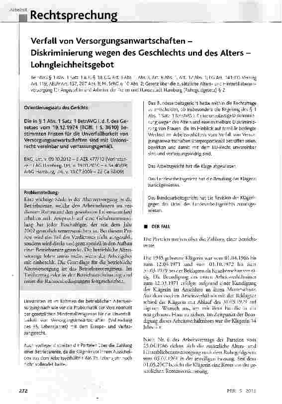 Vorschauseite 1: Verfall von Versorgungsanwartschaften -Diskriminierung wegen des Geschlechts und des Alters -Lohngleichheitsgebot