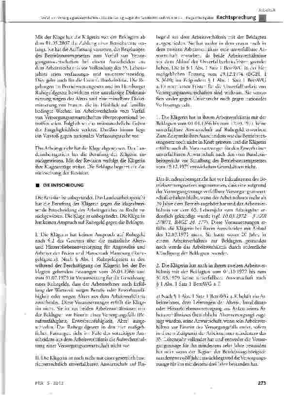 Vorschauseite 2: Verfall von Versorgungsanwartschaften -Diskriminierung wegen des Geschlechts und des Alters -Lohngleichheitsgebot
