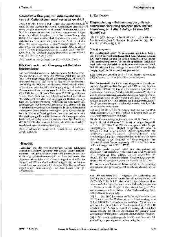 Vorschauseite 1: Eingruppierung - Bestimmung der „nächstniedrigeren Vergütungsgruppe gem. der Vorbemerkung Nr. 1 Abs. 3 Anlage 1a zum BAT (Bund/TdL)