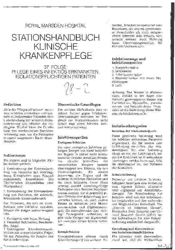 Vorschauseite 1: Stationshandbuch klinische Krankenpflege 37: Pflege eines infektiös erkrankten isolationspflichtigen Patienten