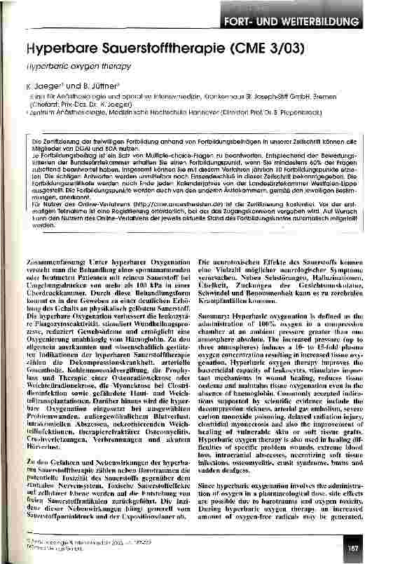 Vorschauseite 1: Hyperbare Sauerstofftherapie (CME 3/03)