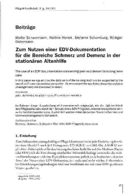 Vorschauseite 1: Zum Nutzen einer EDV-Dokumentation für die Bereiche Schmerz und Demenz in der stationären Aitenhilfe