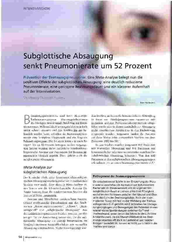 Vorschauseite 1: Subglottische Absaugung senkt Pneumonierate um 52 Prozent