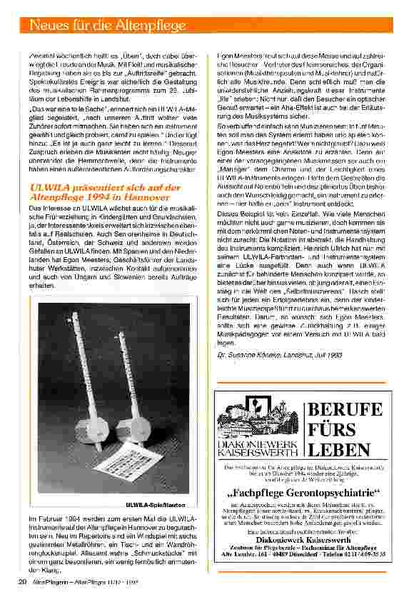 Vorschauseite 2: Musiktherapie in AlteneinrichtungenULWILA-Musiksystem von Behinderten gebaut und gespielt -auch ideal für alte Menschen