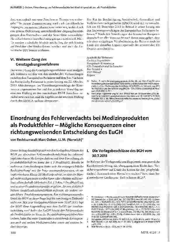 Vorschauseite 1: Einordnung des Fehlerverdachts bei Medizinprodukten als Produktfehler - Mögliche Konsequenzen einer richtungsweisenden Entscheidung des EuGH
