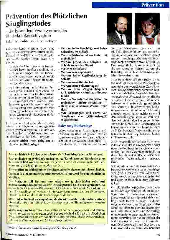 Vorschauseite 1: Prävention des Plötzlichen Säuglingstodes - die besondere Verantwortung der Kinderkrankenschwestern