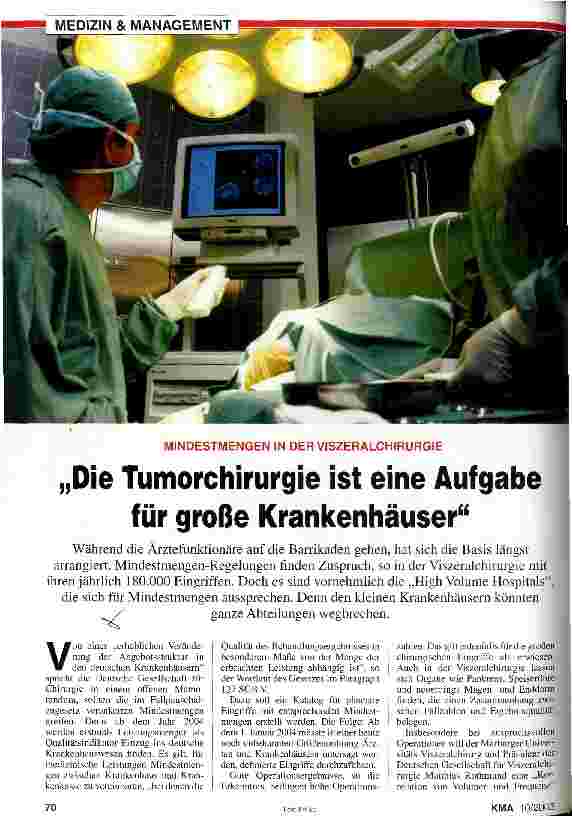 Vorschauseite 1: Die Tumorchirurgie ist eine Aufgabe für große Krankenhäuser Mindestmengen in der Viszeralchirurgie