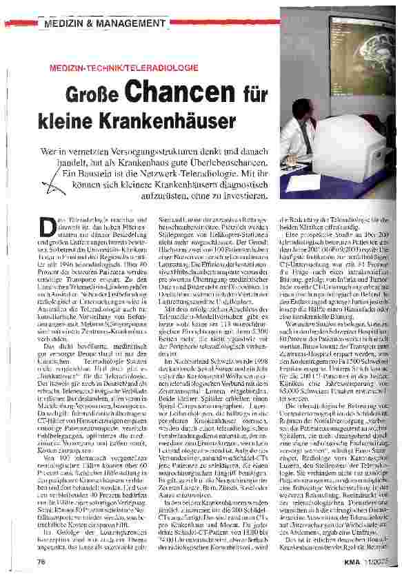 Vorschauseite 1: Medizin-Technik/Teleradiologie: Große Chanchen für kleine Krankenhäuser